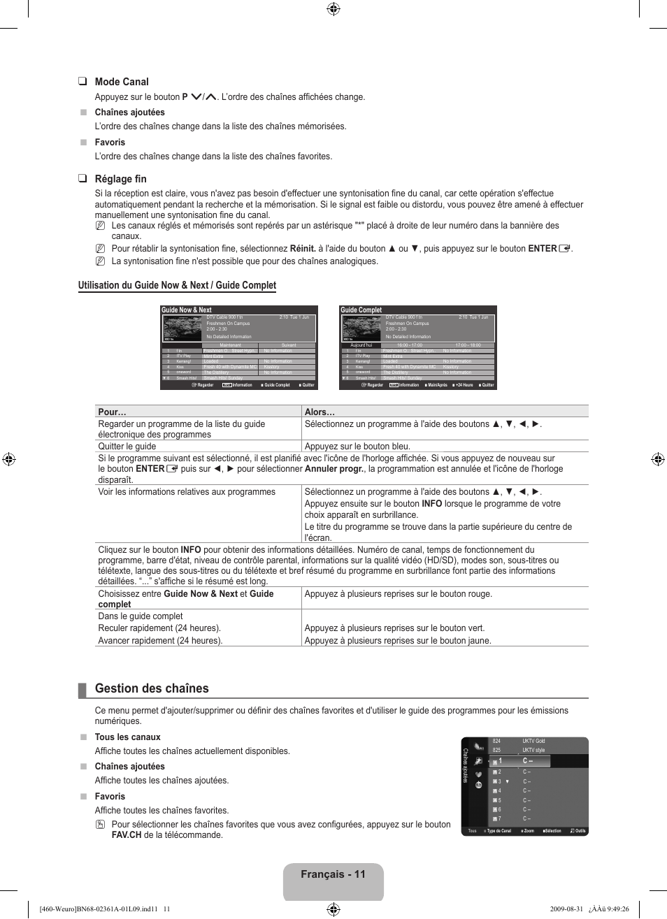Gestion des chaînes, Français - 11 mode canal, Réglage fin | Utilisation du guide now & next / guide complet, Nn n | Samsung LE32B460B2W User Manual | Page 45 / 296