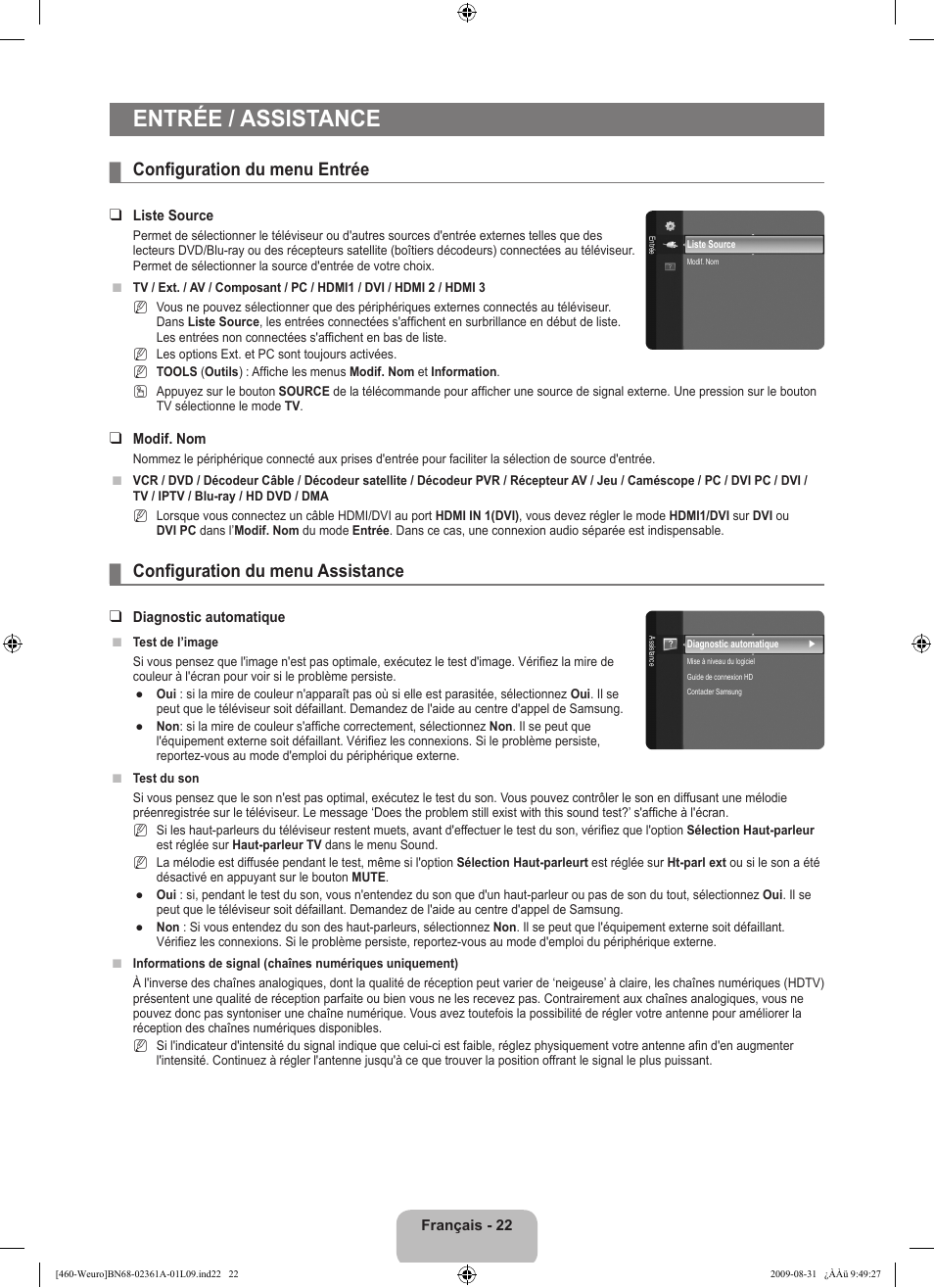 Entrée / assistance, Configuration du menu entrée, Configuration du menu assistance | Samsung LE32B460B2W User Manual | Page 56 / 296