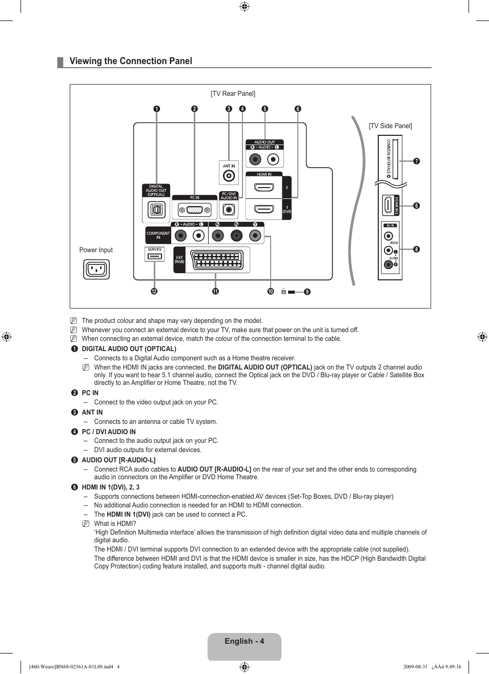Viewing the connection panel | Samsung LE32B460B2W User Manual | Page 6 / 296