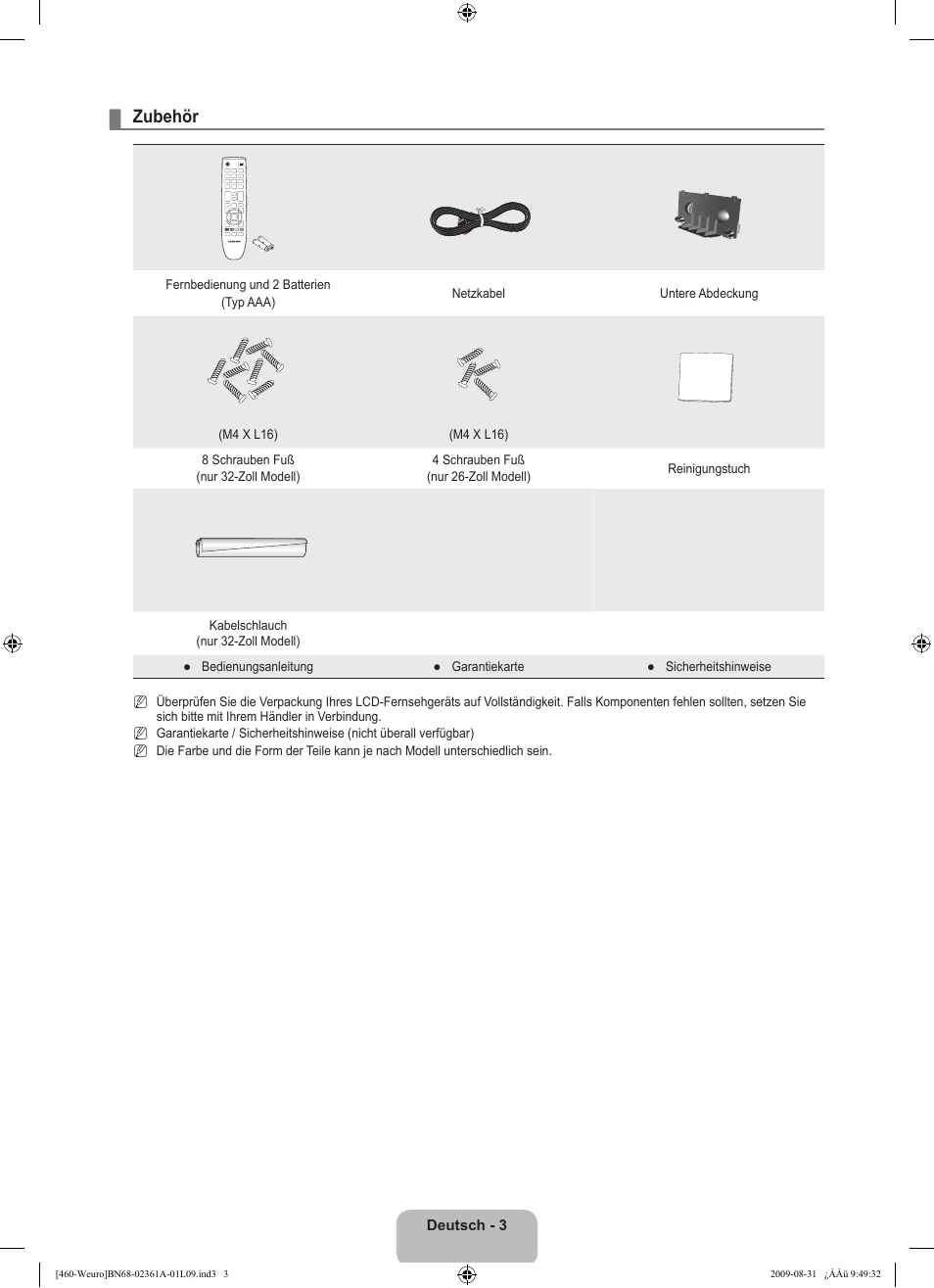 Zubehör | Samsung LE32B460B2W User Manual | Page 69 / 296