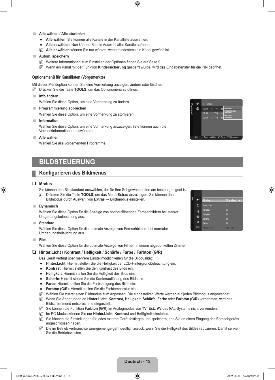 Bildsteuerung, Konfigurieren des bildmenüs | Samsung LE32B460B2W User Manual | Page 79 / 296