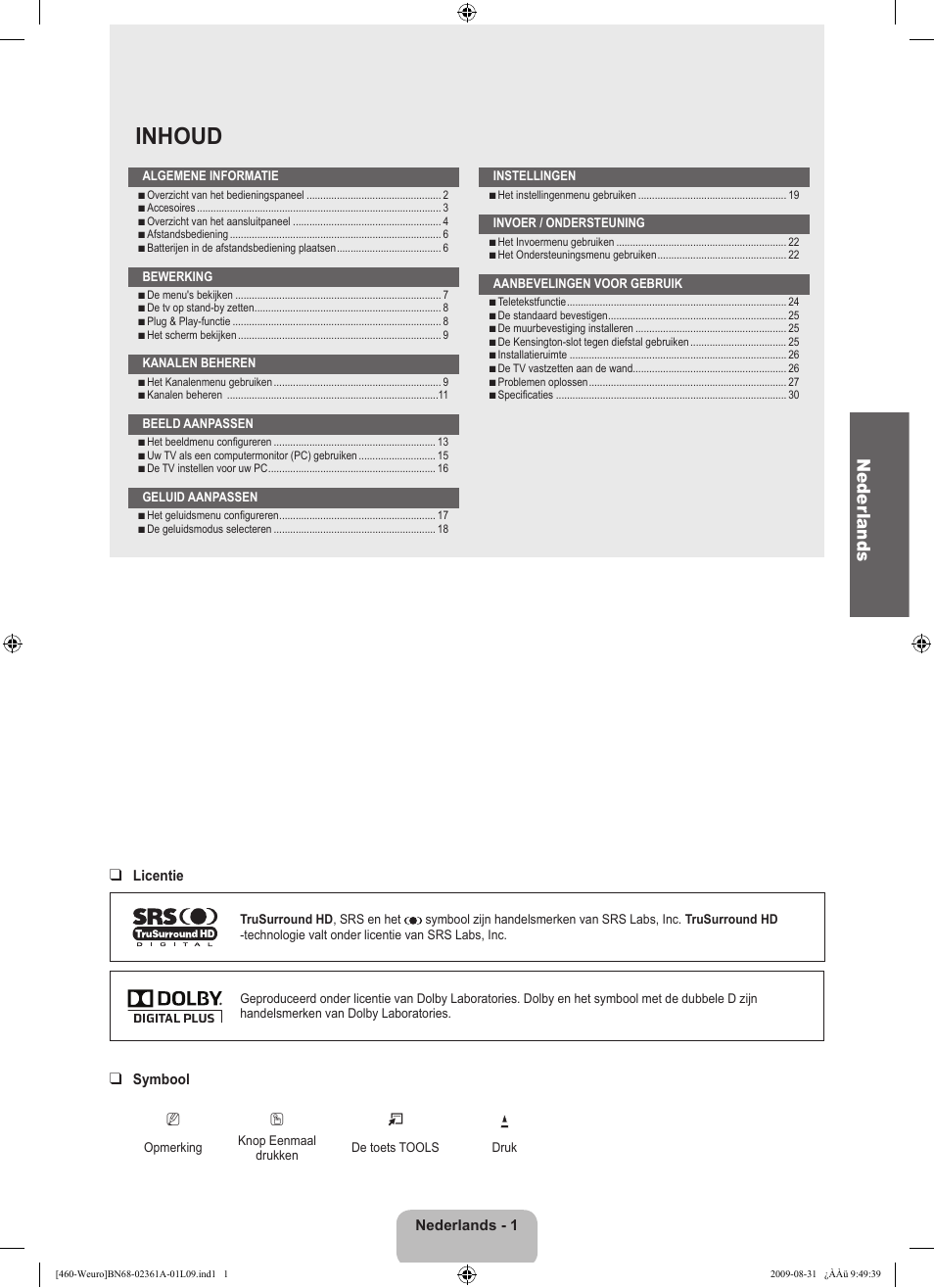 Inhoud, Neder lands | Samsung LE32B460B2W User Manual | Page 99 / 296