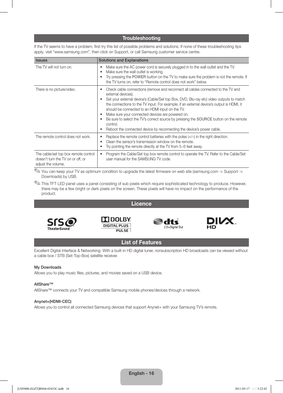 Licence list of features | Samsung UE32D5000PW User Manual | Page 16 / 74