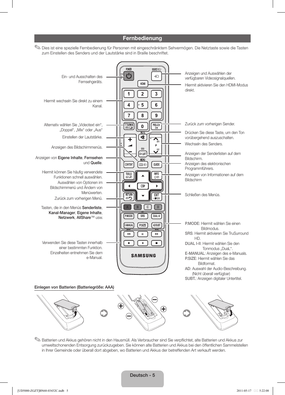 Fernbedienung | Samsung UE32D5000PW User Manual | Page 23 / 74