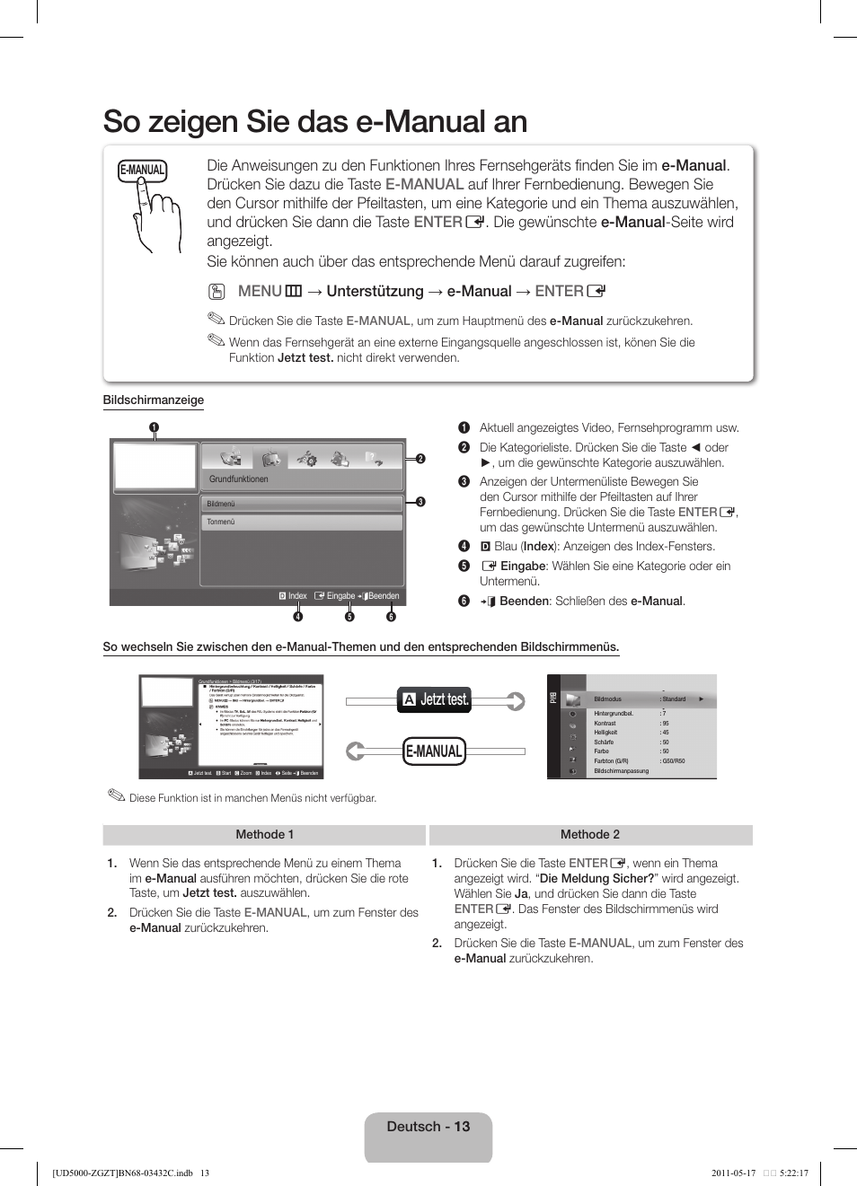 So zeigen sie das e-manual an, A jetzt test, E-manual | Menu m → unterstützung → e-manual → enter e | Samsung UE32D5000PW User Manual | Page 31 / 74