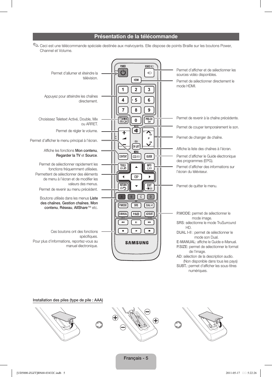 Présentation de la télécommande | Samsung UE32D5000PW User Manual | Page 41 / 74