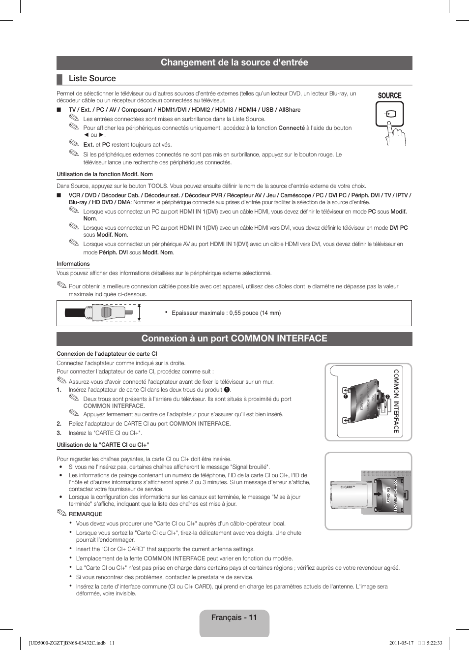 Changement de la source d'entrée, Connexion à un port common interface | Samsung UE32D5000PW User Manual | Page 47 / 74