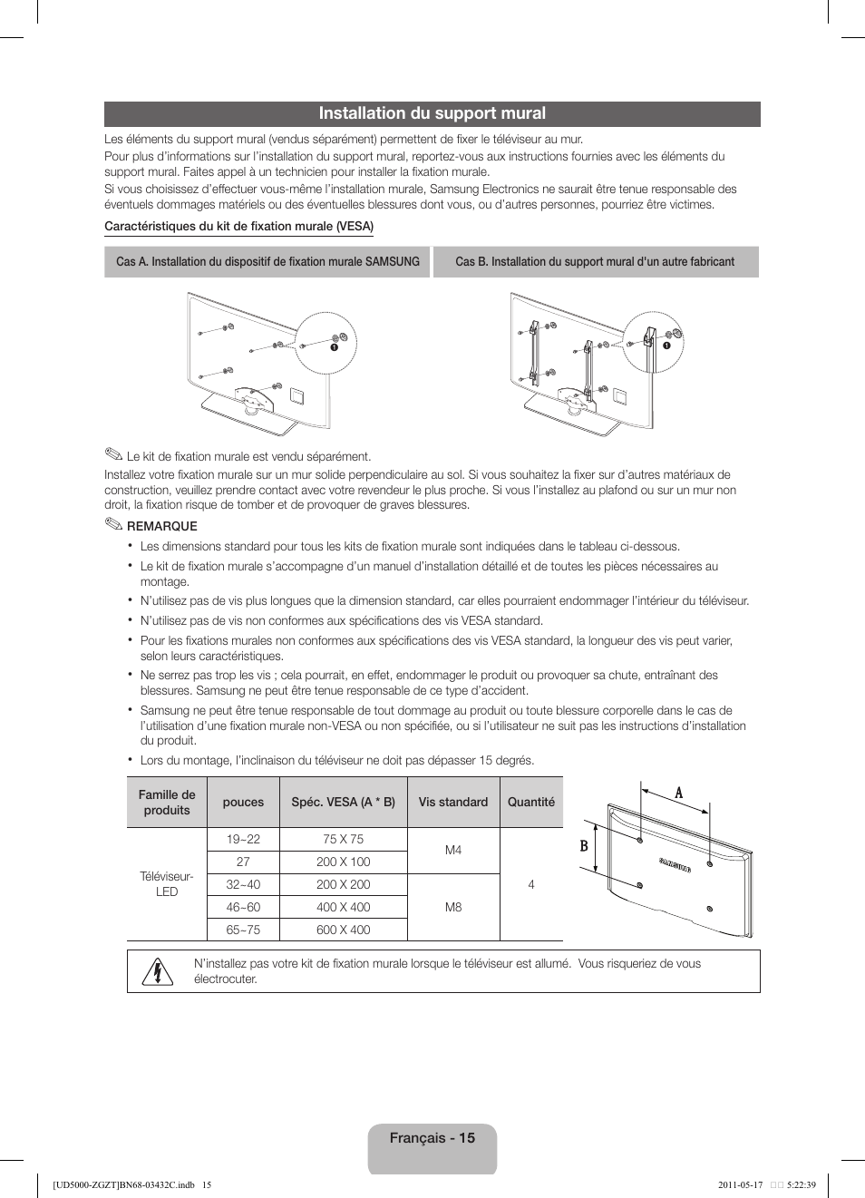 Installation du support mural | Samsung UE32D5000PW User Manual | Page 51 / 74