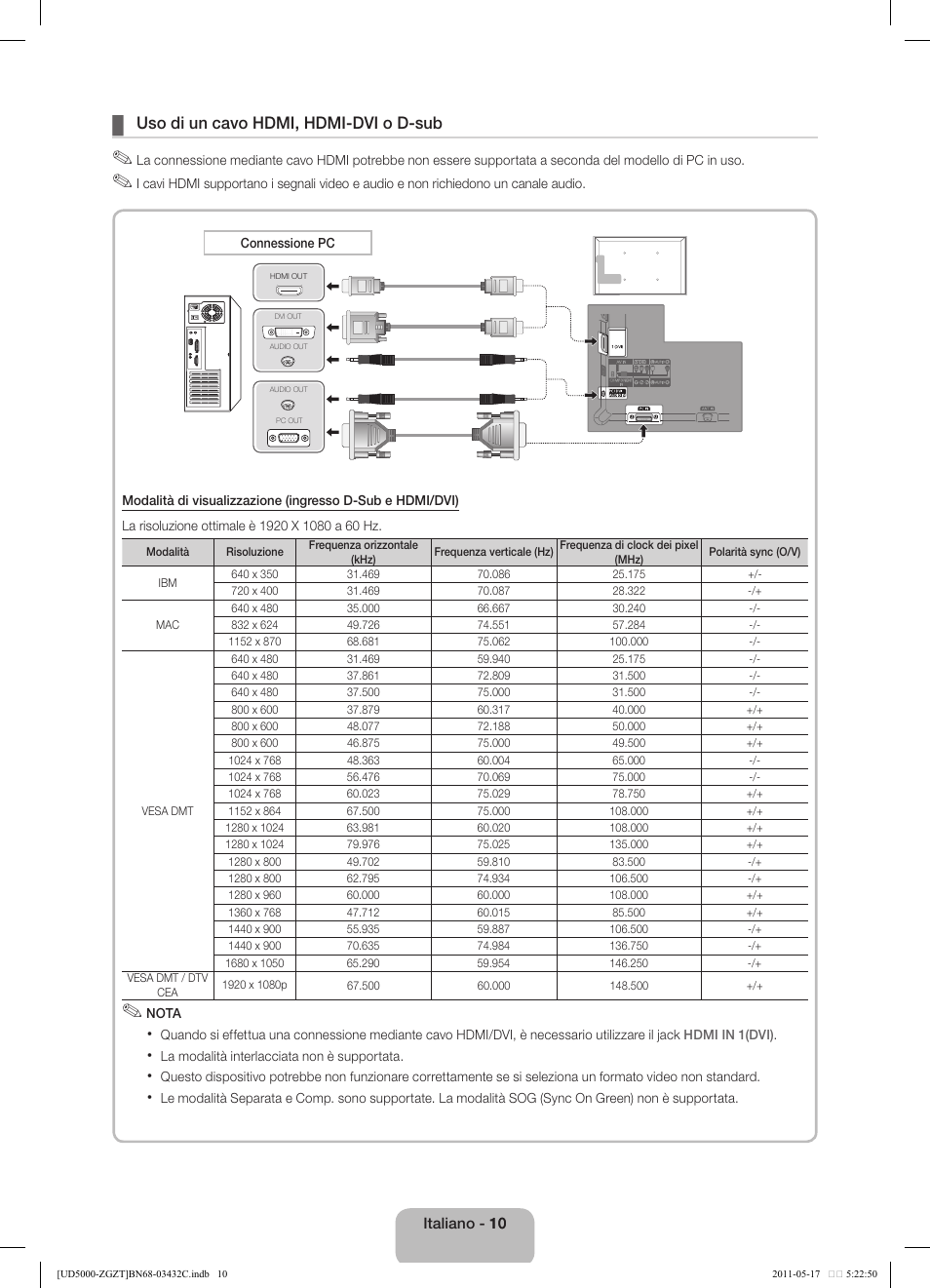 Uso di un cavo hdmi, hdmi-dvi o d-sub | Samsung UE32D5000PW User Manual | Page 64 / 74