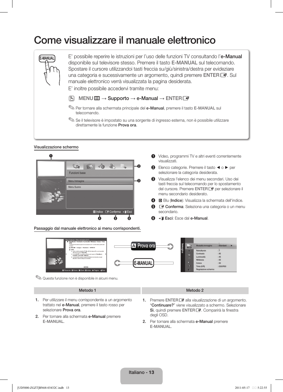 Come visualizzare il manuale elettronico, A prova ora, E-manual | Menu m → supporto → e-manual → enter e | Samsung UE32D5000PW User Manual | Page 67 / 74