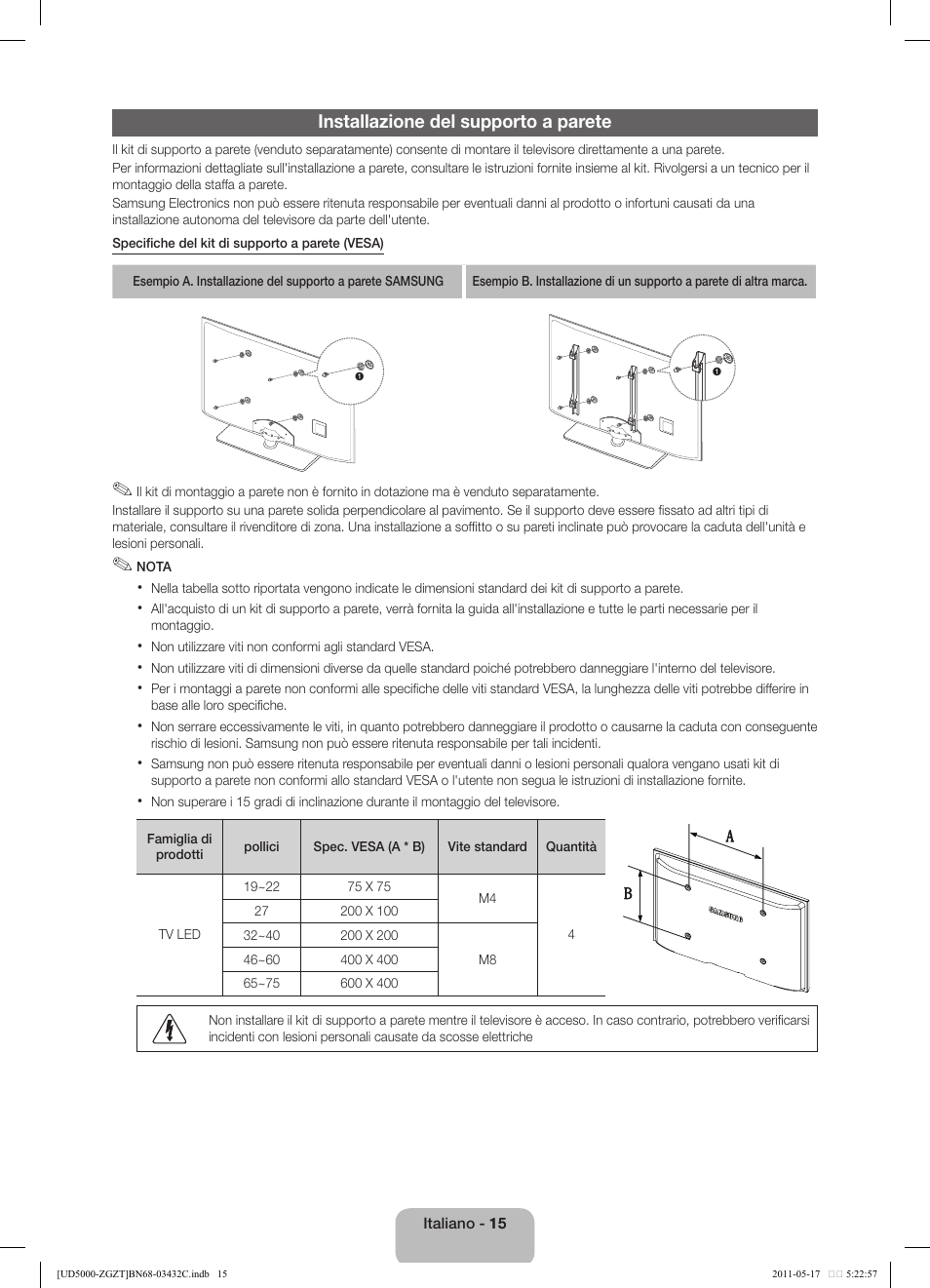 Installazione del supporto a parete | Samsung UE32D5000PW User Manual | Page 69 / 74