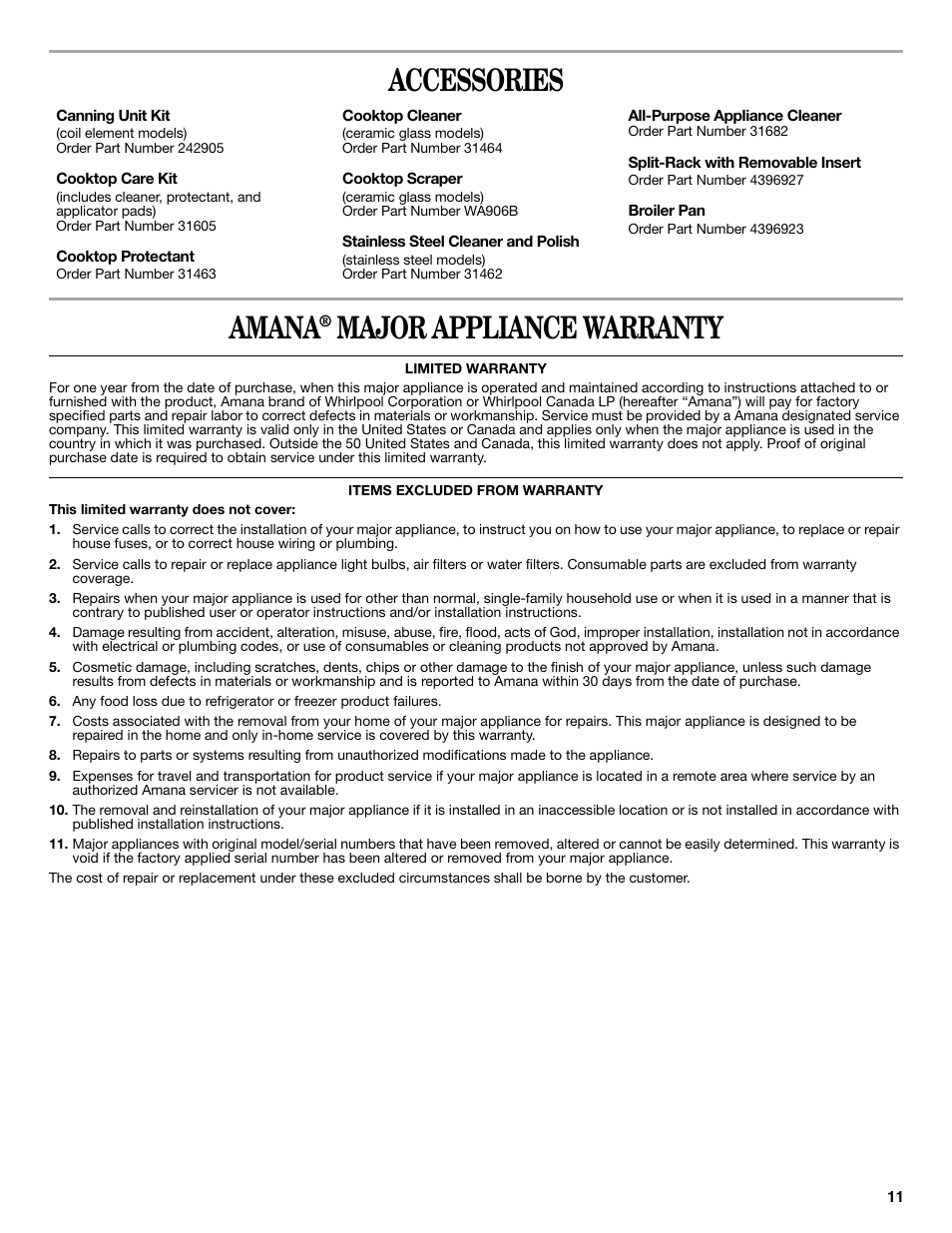 Accessories amana, Major appliance warranty | Amana W10196164B User Manual | Page 11 / 12