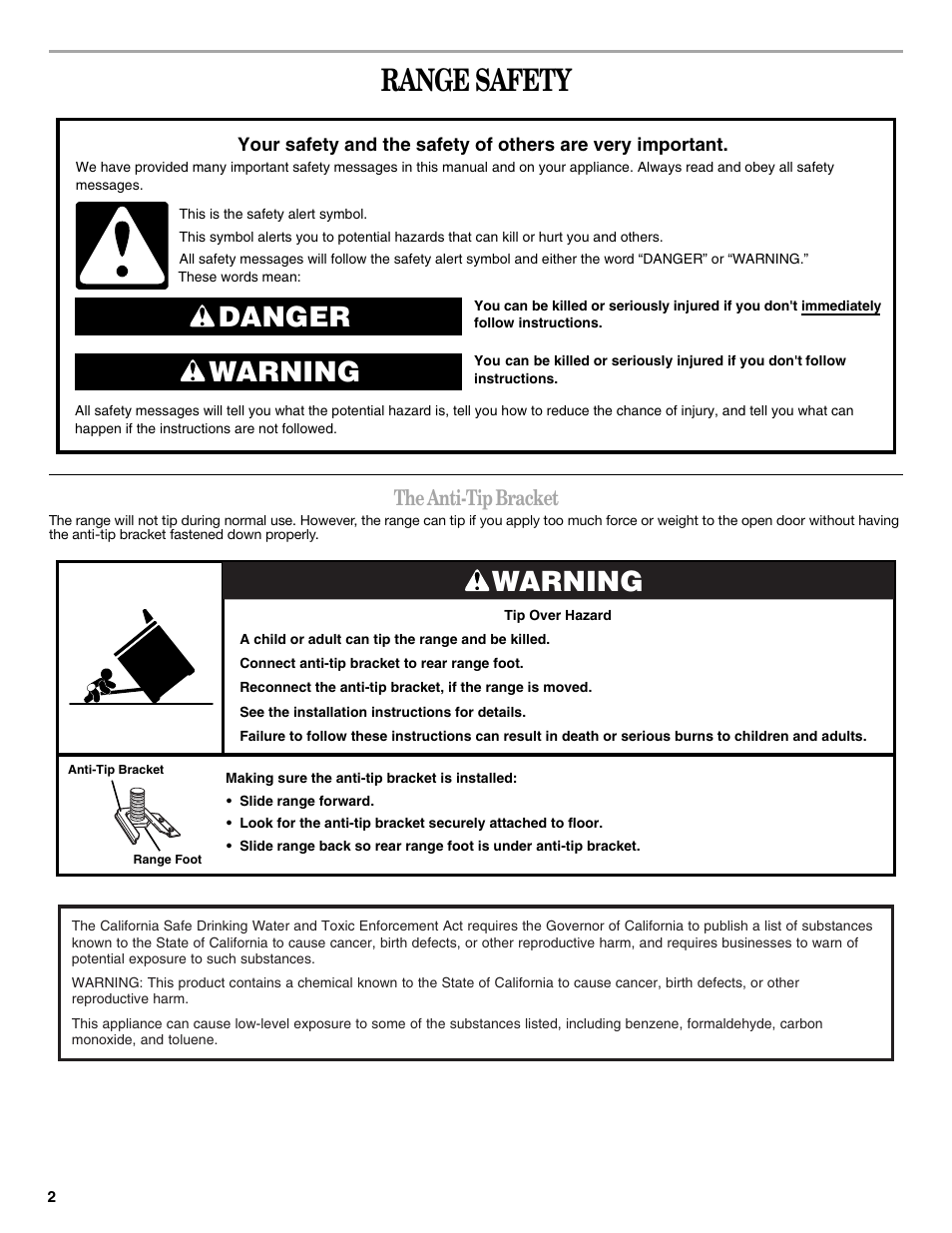 Range safety, Danger warning, Warning | The anti-tip bracket | Amana W10196164B User Manual | Page 2 / 12