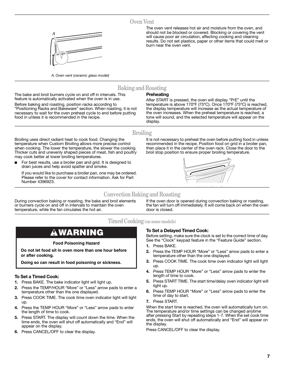 Warning, Oven vent, Baking and roasting | Broiling, Convection baking and roasting, Timed cooking | Amana W10196164B User Manual | Page 7 / 12