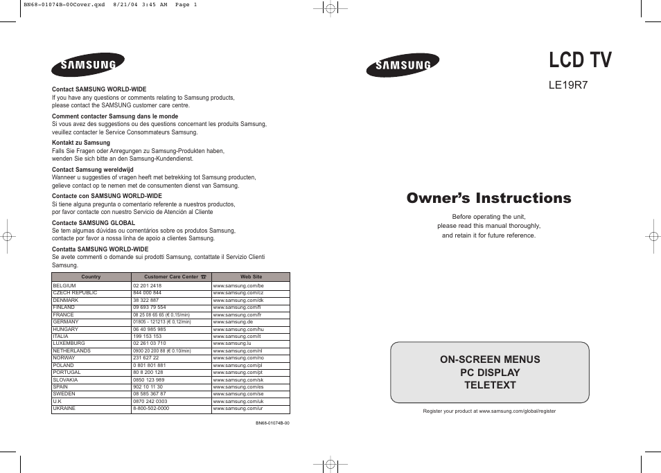 Samsung LE19R71B User Manual | 179 pages