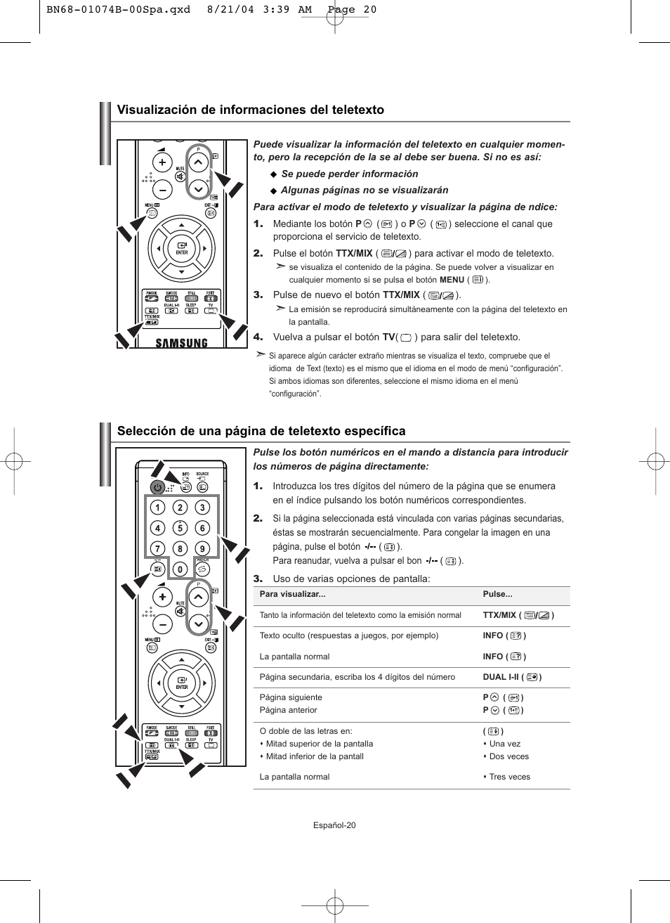 Selección de una página de teletexto específica, Visualización de informaciones del teletexto | Samsung LE19R71B User Manual | Page 122 / 179