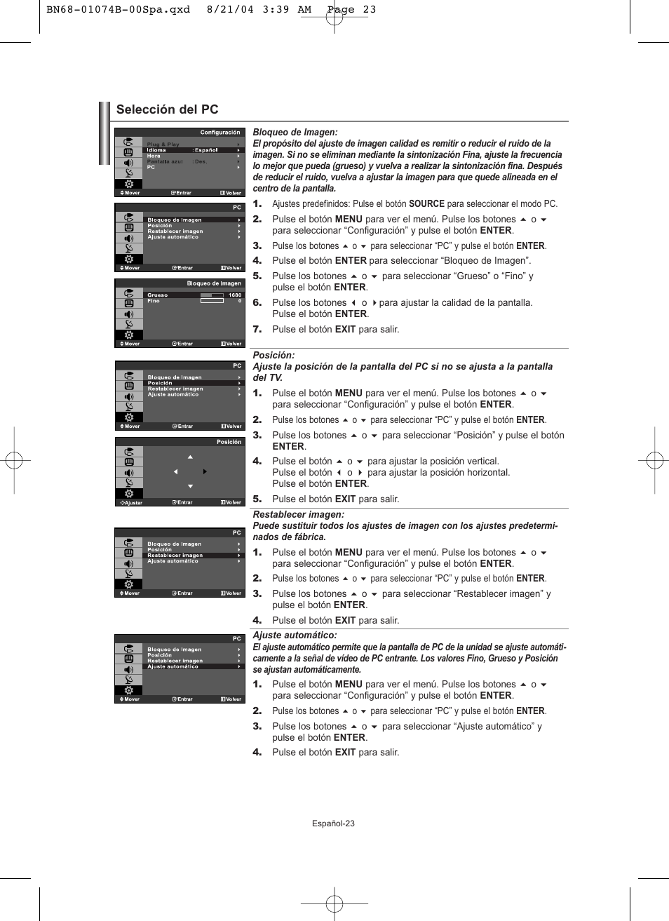 Selección del pc | Samsung LE19R71B User Manual | Page 125 / 179