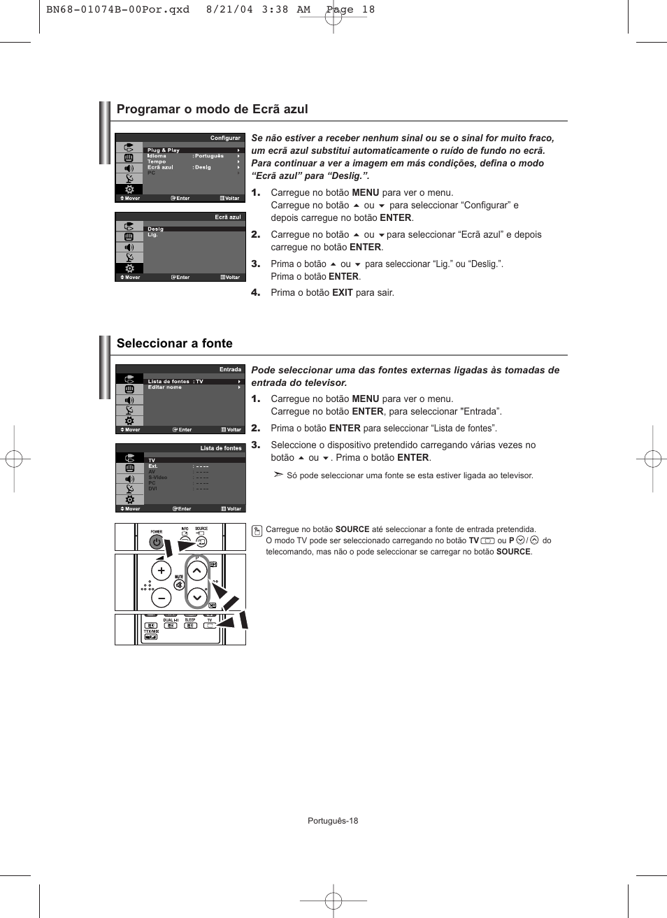 Programar o modo de ecrã azul seleccionar a fonte | Samsung LE19R71B User Manual | Page 145 / 179