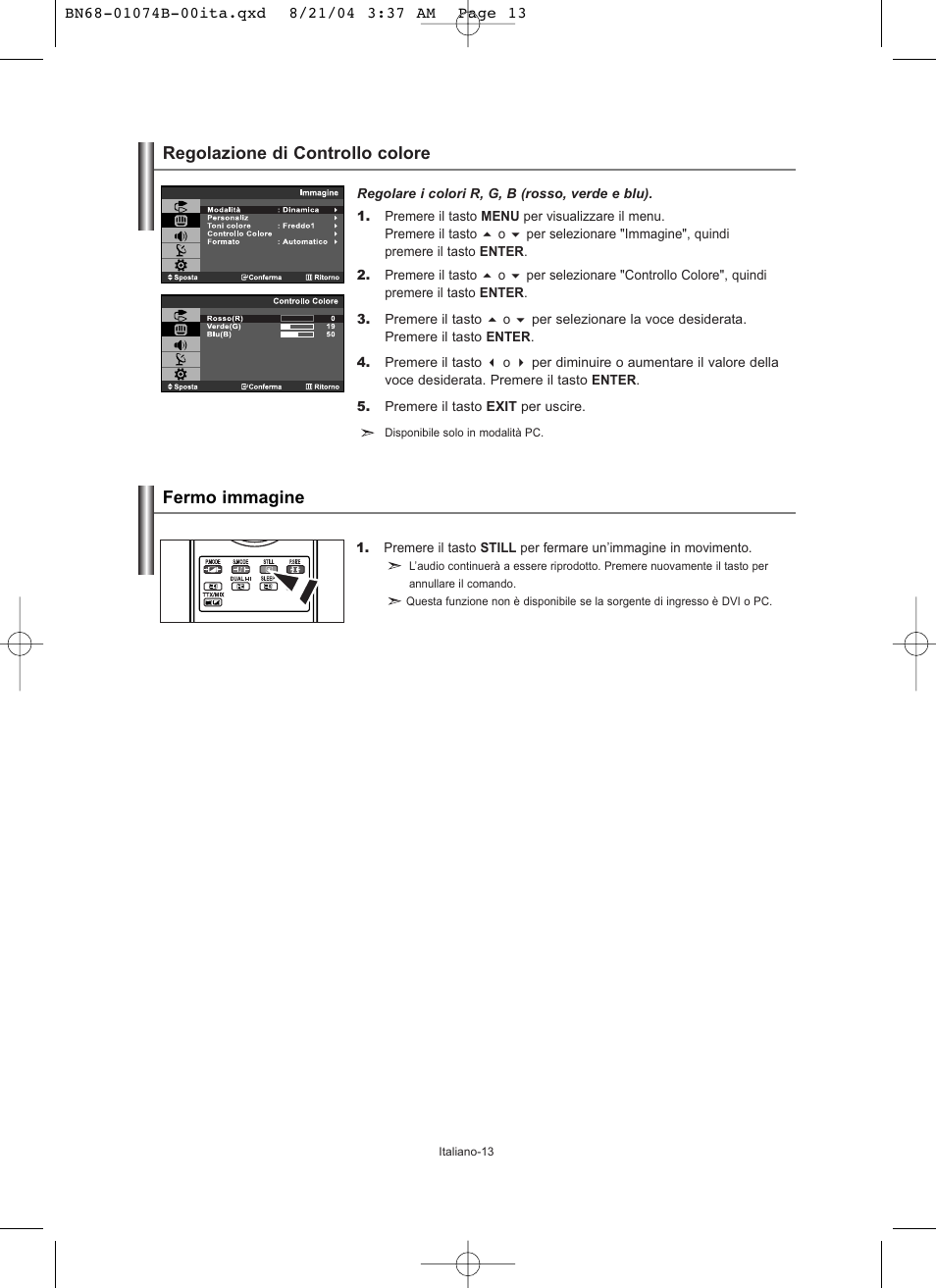 Regolazione di controllo colore fermo immagine | Samsung LE19R71B User Manual | Page 165 / 179