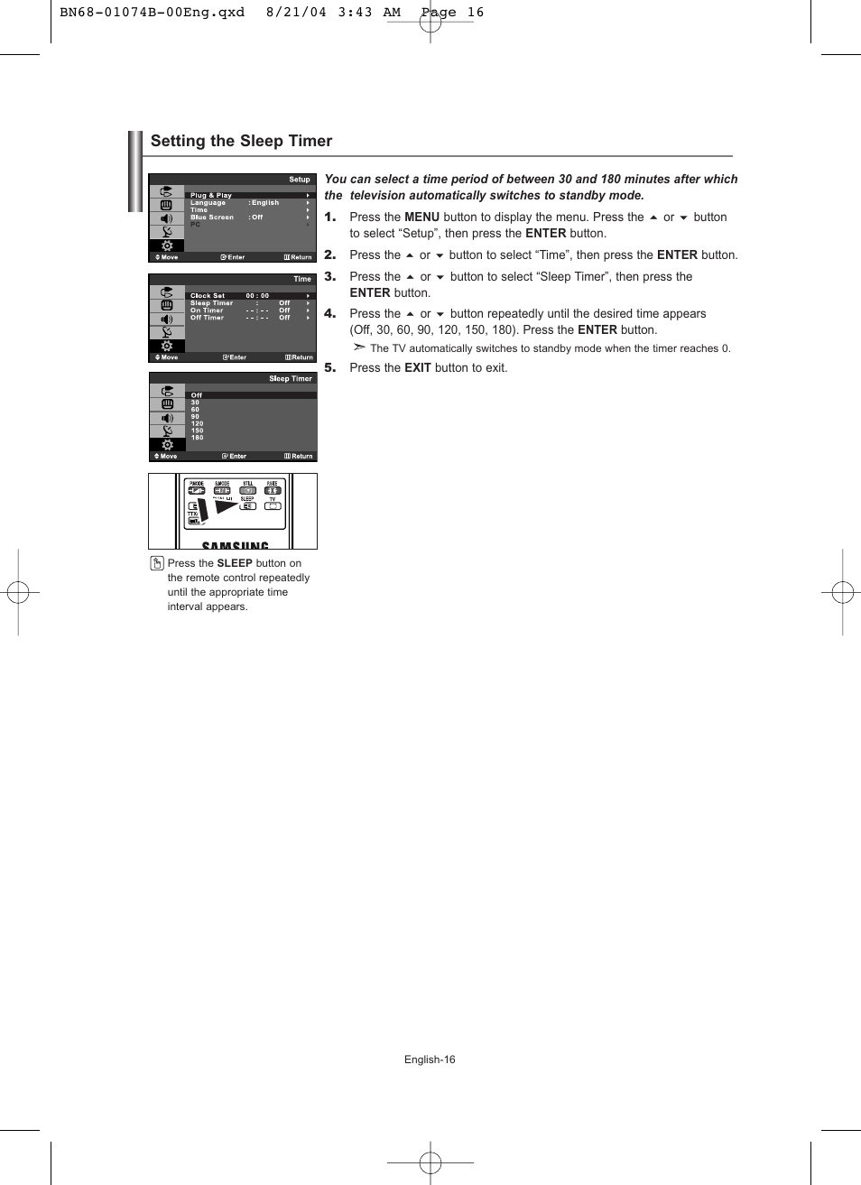 Setting the sleep timer | Samsung LE19R71B User Manual | Page 18 / 179