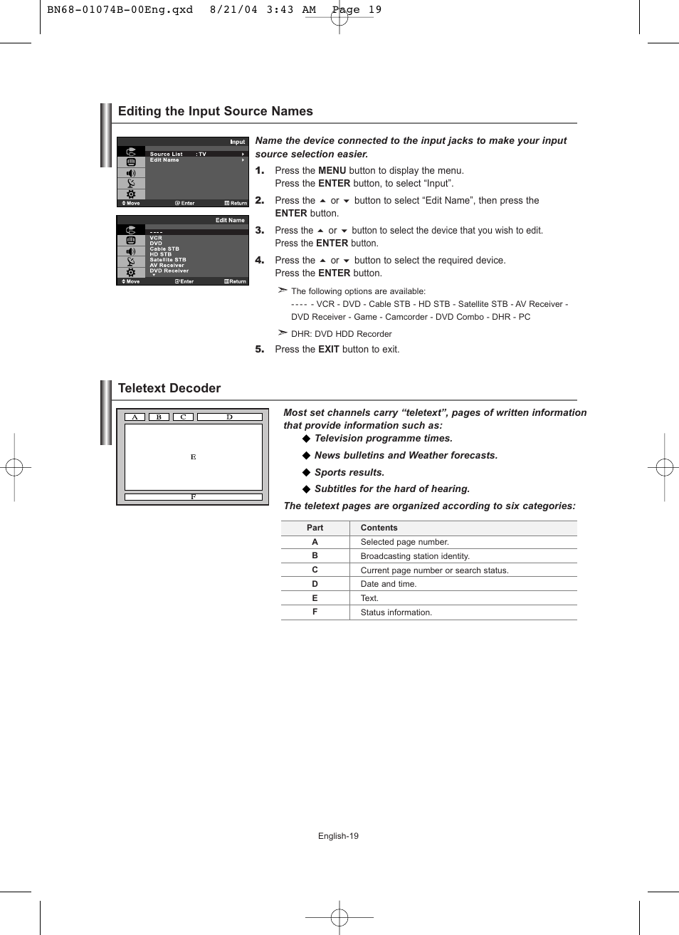 Editing the input source names, Using the teletext feature, Teletext decoder | Samsung LE19R71B User Manual | Page 21 / 179