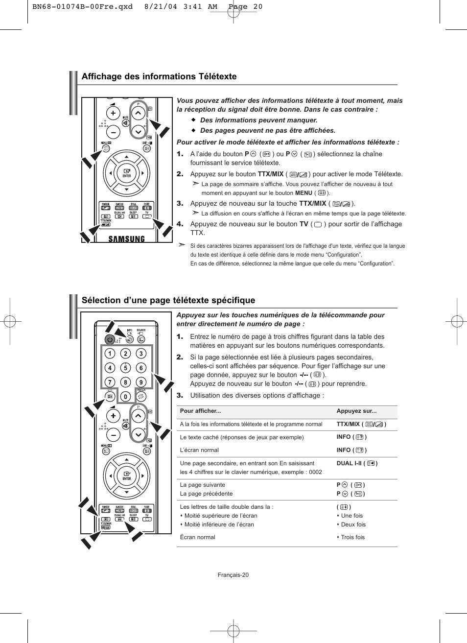 Sélection d’une page télétexte spécifique, Affichage des informations télétexte | Samsung LE19R71B User Manual | Page 47 / 179