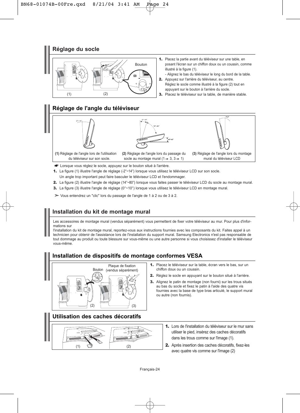 Réglage du socle réglage de l'angle du téléviseur | Samsung LE19R71B User Manual | Page 51 / 179