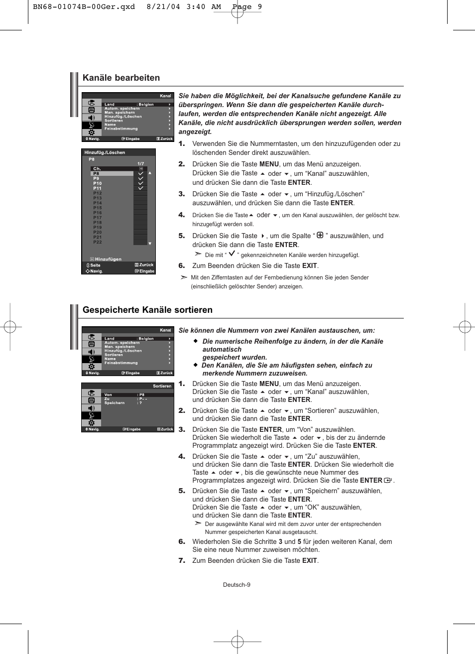 Kanäle bearbeiten gespeicherte kanäle sortieren | Samsung LE19R71B User Manual | Page 61 / 179