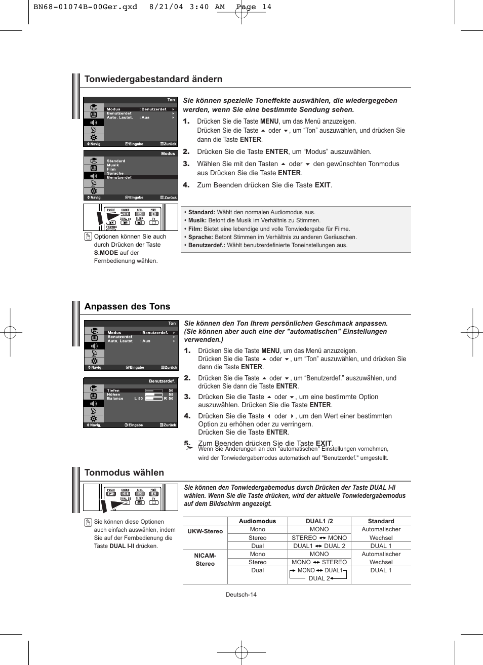 Tonwiedergabestandard ändern anpassen des tons, Tonmodus wählen | Samsung LE19R71B User Manual | Page 66 / 179