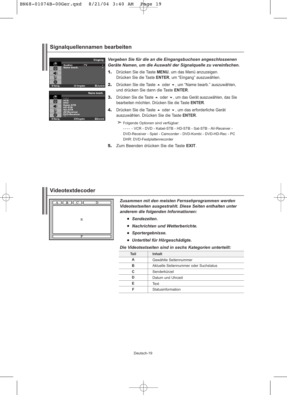 Videotextdecoder, Signalquellennamen bearbeiten | Samsung LE19R71B User Manual | Page 71 / 179