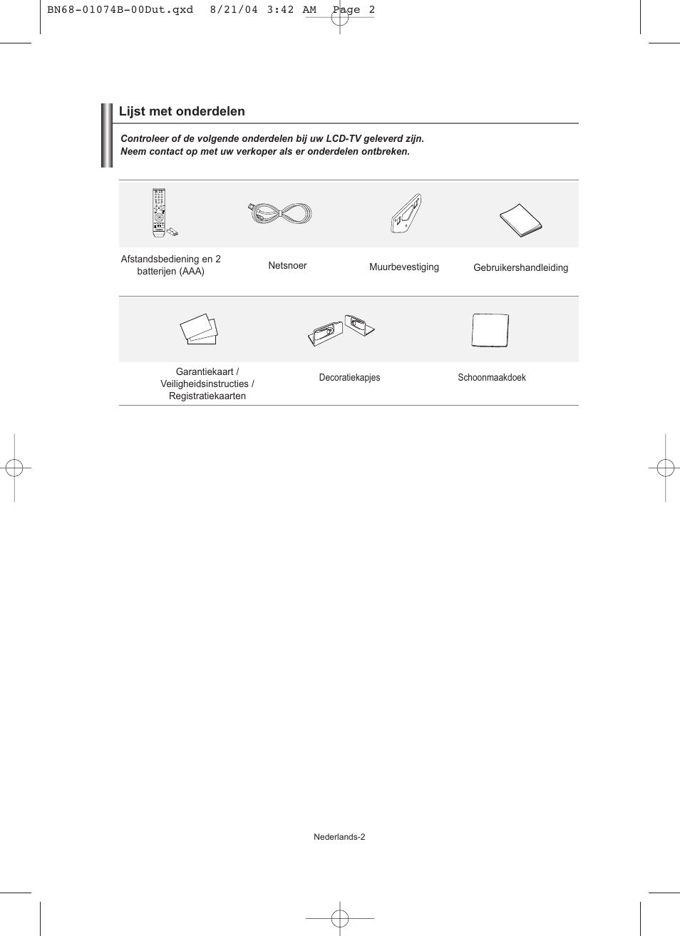 Lijst met onderdelen | Samsung LE19R71B User Manual | Page 79 / 179