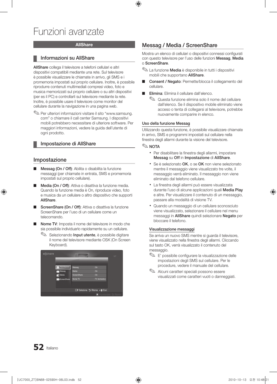 Funzioni avanzate, Impostazione, Messag / media / screenshare | Samsung UE40C7000WP User Manual | Page 116 / 196