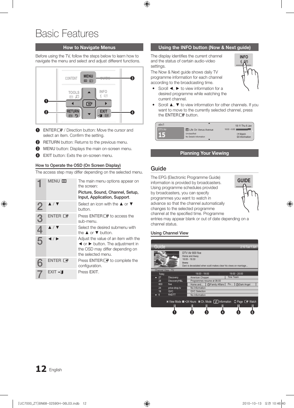 Basic features, Guide | Samsung UE40C7000WP User Manual | Page 12 / 196