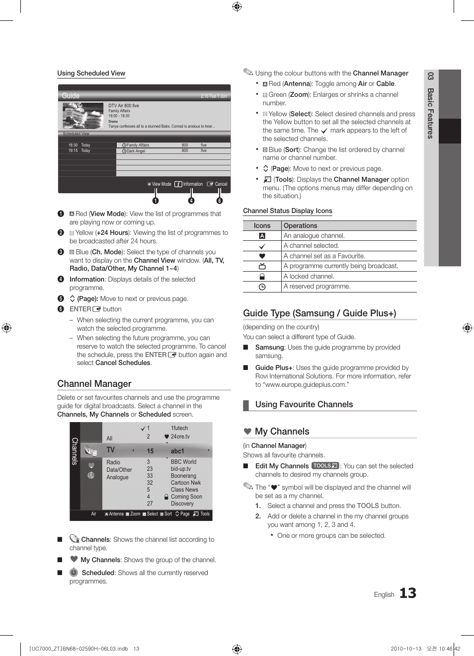 Channel manager, Guide type (samsung / guide plus+), My channels | Using favourite channels | Samsung UE40C7000WP User Manual | Page 13 / 196