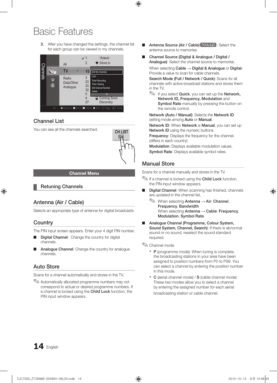 Basic features, Channel list, Antenna (air / cable) | Country, Auto store, Manual store | Samsung UE40C7000WP User Manual | Page 14 / 196