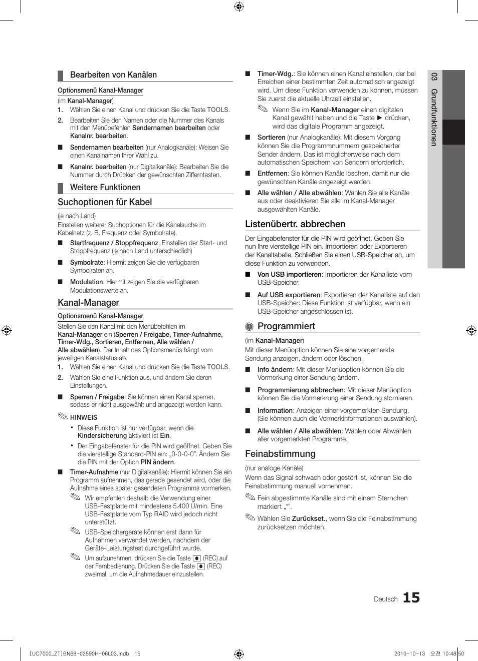 Suchoptionen für kabel, Kanal-manager, Listenübertr. abbrechen | Programmiert, Feinabstimmung | Samsung UE40C7000WP User Manual | Page 145 / 196