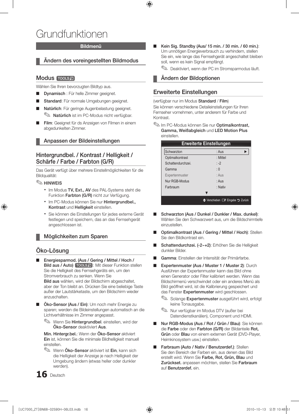 Grundfunktionen, Modus t, Öko-lösung | Erweiterte einstellungen | Samsung UE40C7000WP User Manual | Page 146 / 196