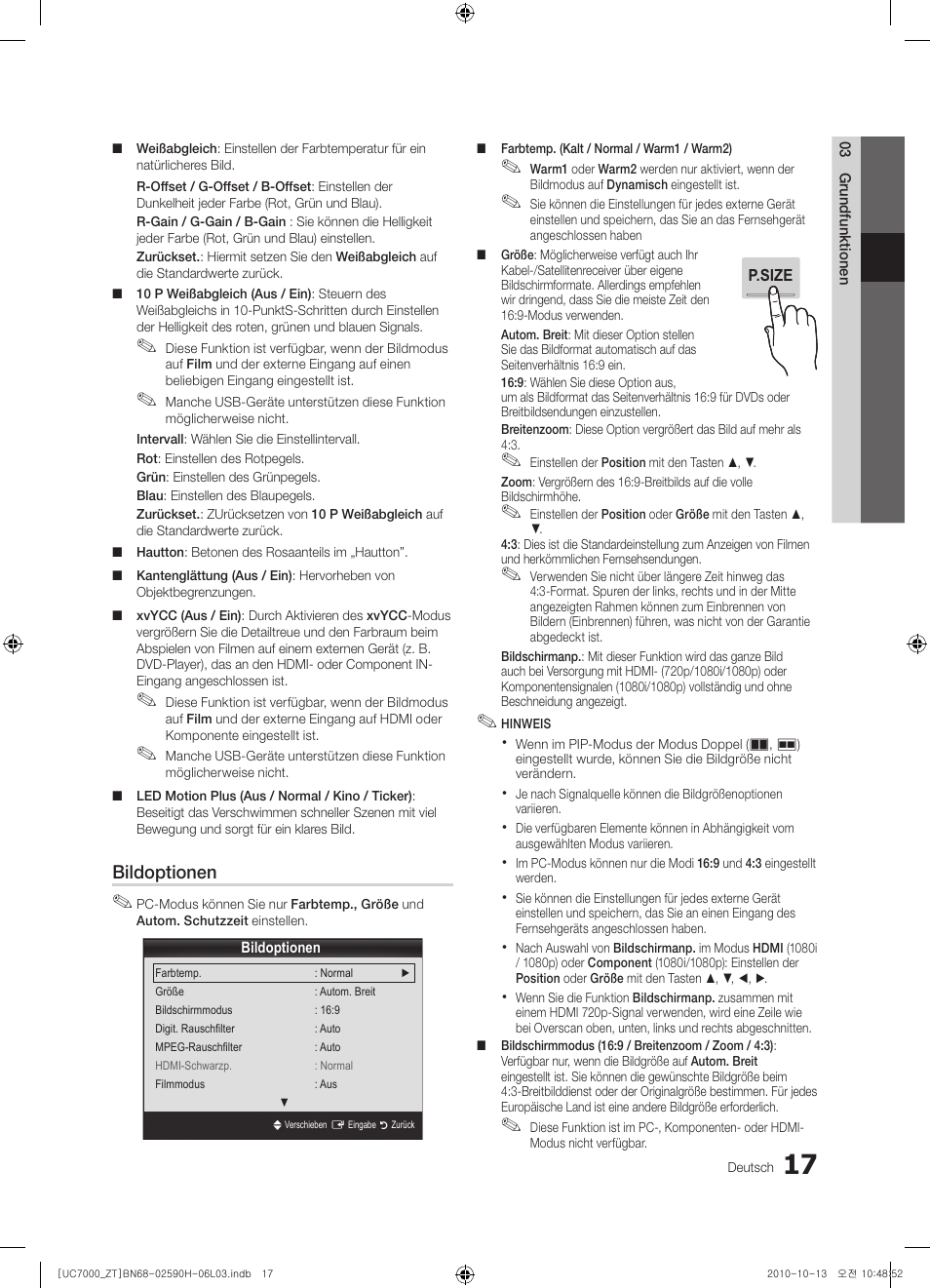 Bildoptionen | Samsung UE40C7000WP User Manual | Page 147 / 196