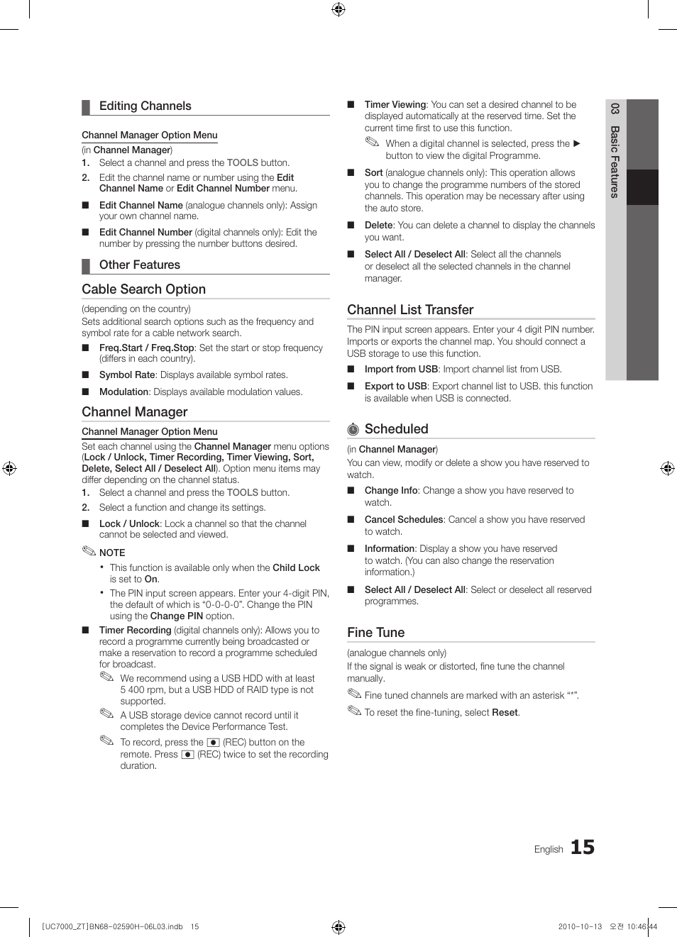 Cable search option, Channel manager, Channel list transfer | Scheduled, Fine tune | Samsung UE40C7000WP User Manual | Page 15 / 196