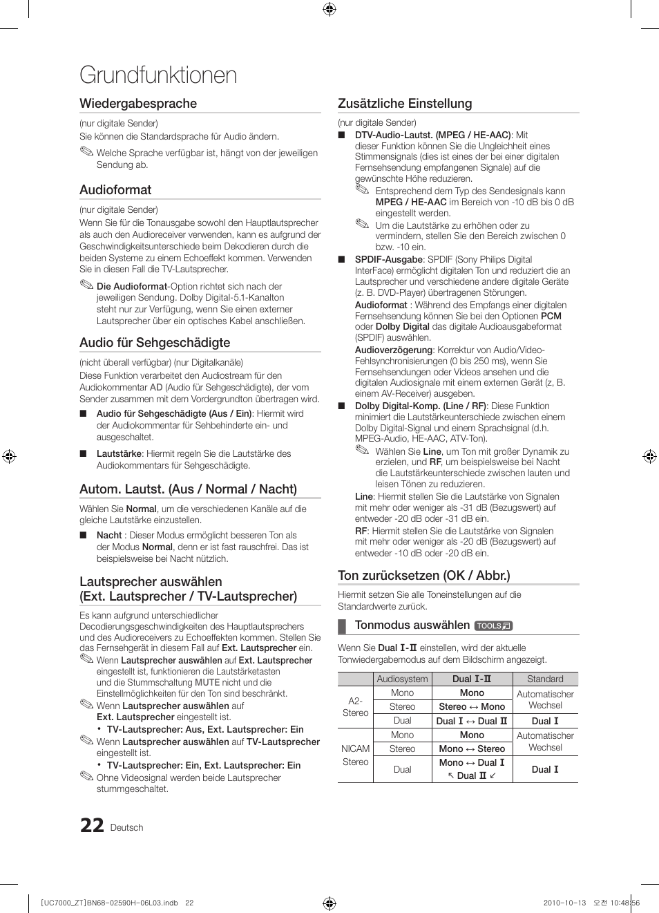 Grundfunktionen, Wiedergabesprache, Audioformat | Audio für sehgeschädigte, Autom. lautst. (aus / normal / nacht), Zusätzliche einstellung, Ton zurücksetzen (ok / abbr.) | Samsung UE40C7000WP User Manual | Page 152 / 196