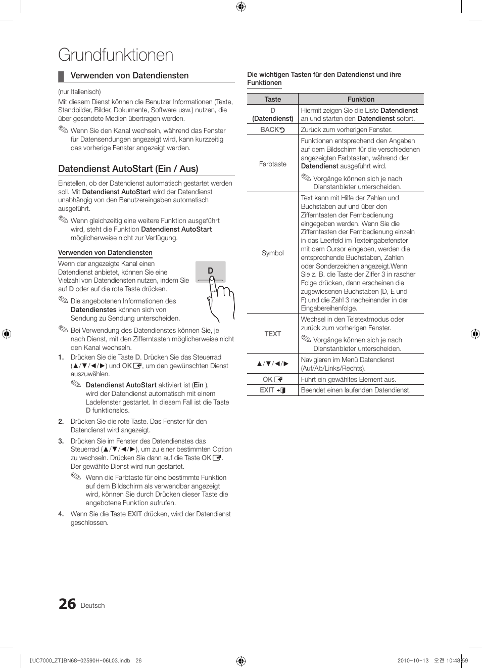 Grundfunktionen, Datendienst autostart (ein / aus) | Samsung UE40C7000WP User Manual | Page 156 / 196