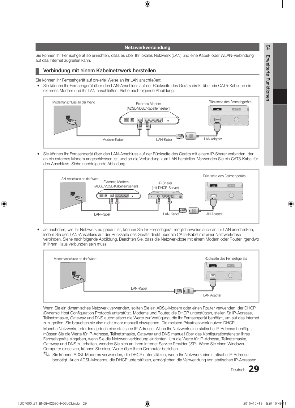 Verbindung mit einem kabelnetzwerk herstellen | Samsung UE40C7000WP User Manual | Page 159 / 196