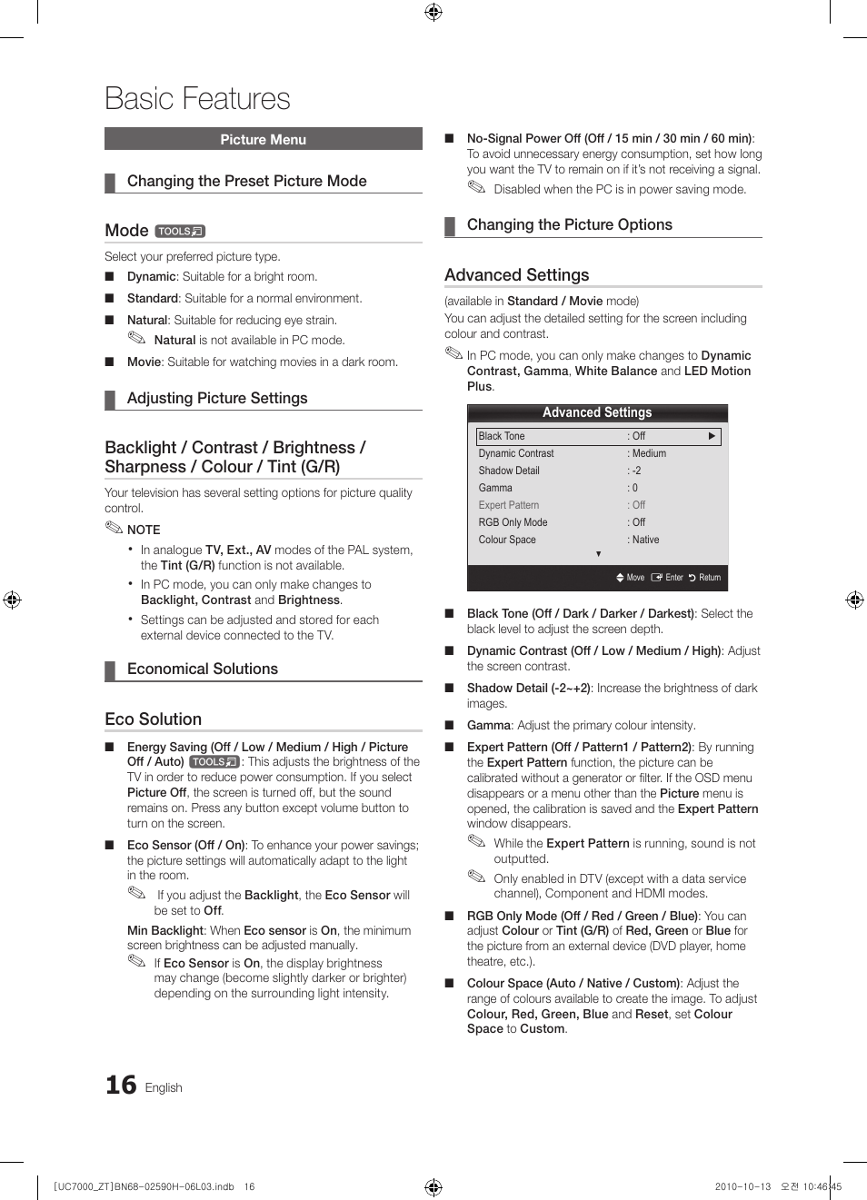 Basic features, Mode, Eco solution | Advanced settings | Samsung UE40C7000WP User Manual | Page 16 / 196