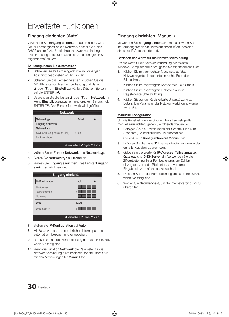 Erweiterte funktionen, Eingang einrichten (auto), Eingang einrichten (manuell) | Samsung UE40C7000WP User Manual | Page 160 / 196