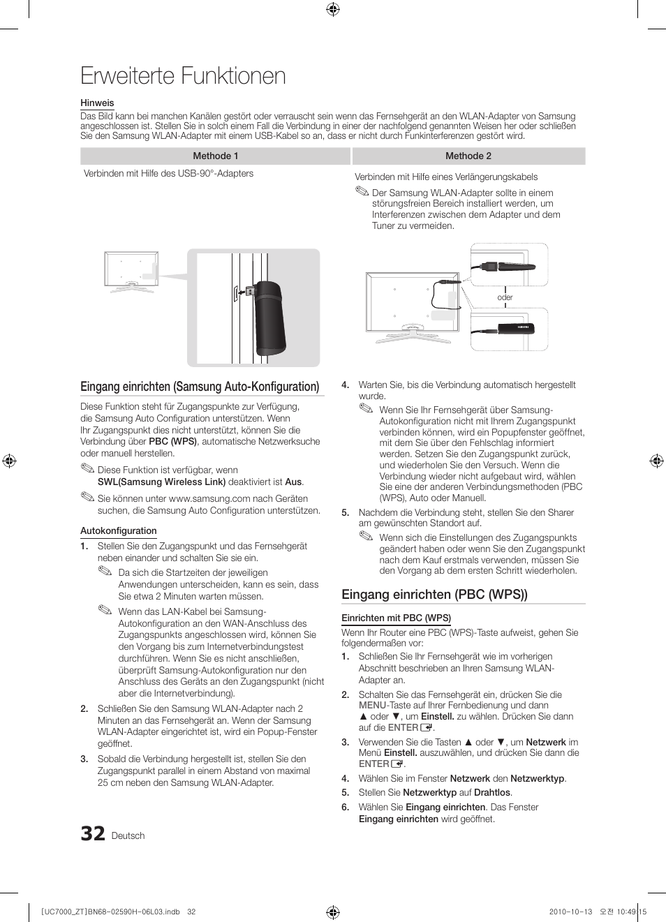 Erweiterte funktionen, Eingang einrichten (samsung auto-konfiguration), Eingang einrichten (pbc (wps)) | Samsung UE40C7000WP User Manual | Page 162 / 196