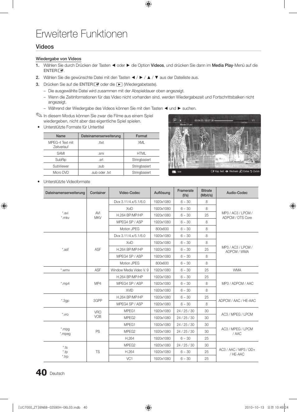 Erweiterte funktionen, Videos | Samsung UE40C7000WP User Manual | Page 170 / 196