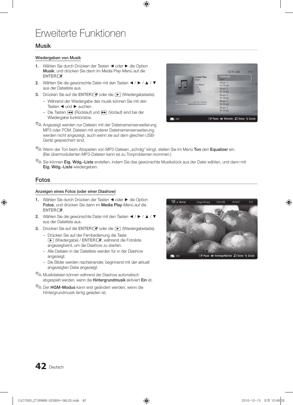 Erweiterte funktionen, Musik, Fotos | Samsung UE40C7000WP User Manual | Page 172 / 196