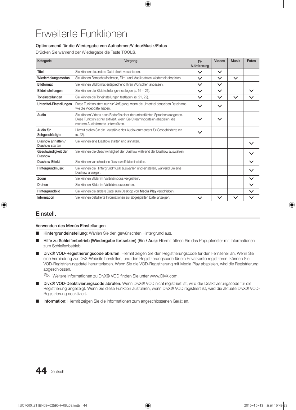 Erweiterte funktionen, Einstell | Samsung UE40C7000WP User Manual | Page 174 / 196