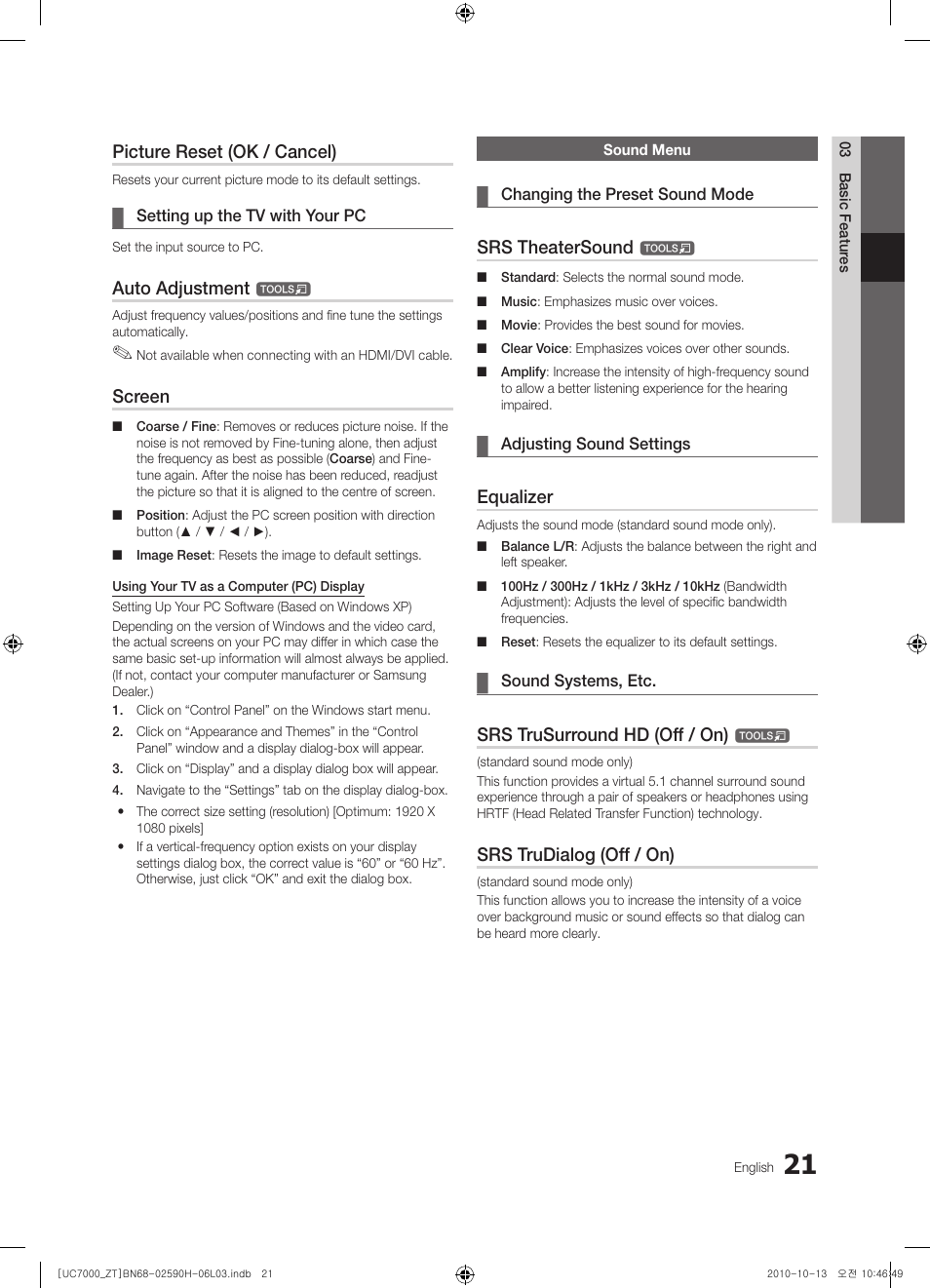 Picture reset (ok / cancel), Auto adjustment, Screen | Srs theatersound, Equalizer, Srs trusurround hd (off / on), Srs trudialog (off / on) | Samsung UE40C7000WP User Manual | Page 21 / 196