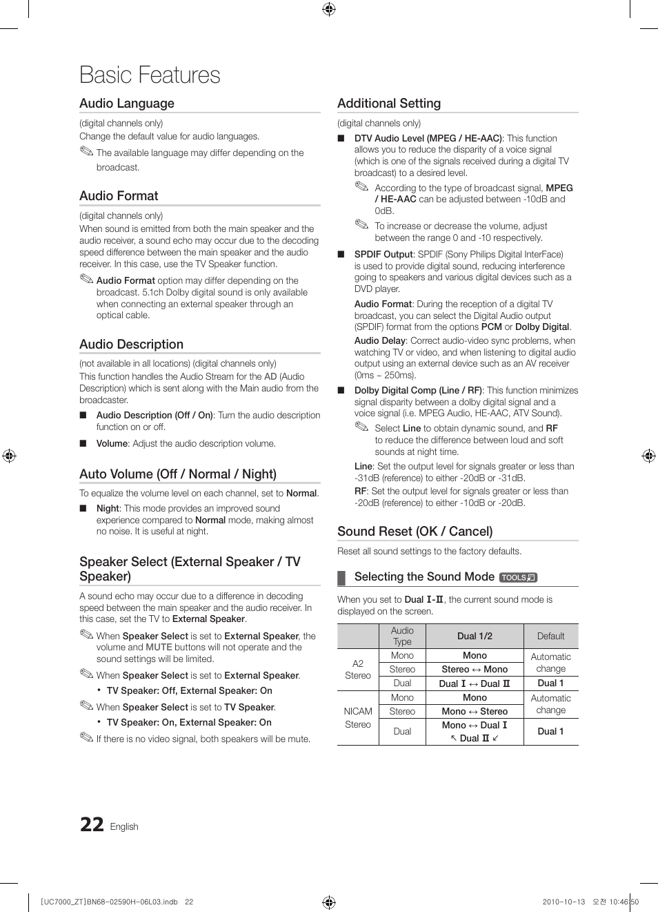 Basic features, Audio language, Audio format | Audio description, Auto volume (off / normal / night), Speaker select (external speaker / tv speaker), Additional setting, Sound reset (ok / cancel) | Samsung UE40C7000WP User Manual | Page 22 / 196